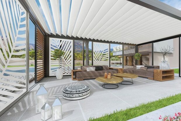 Panneaux coulissants ou fixes à ventelles orientables pour Pergola ELEANCE