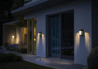Appliques d’éclairage de jardin haut de gamme au design moderne illuminant une façade contemporaine