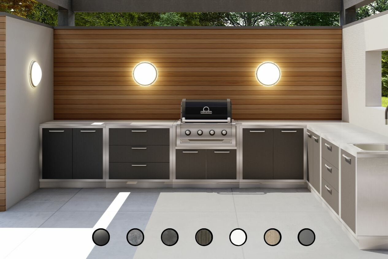 Cuisine d’extérieur haut de gamme modulable avec plan de travail en inox et grill