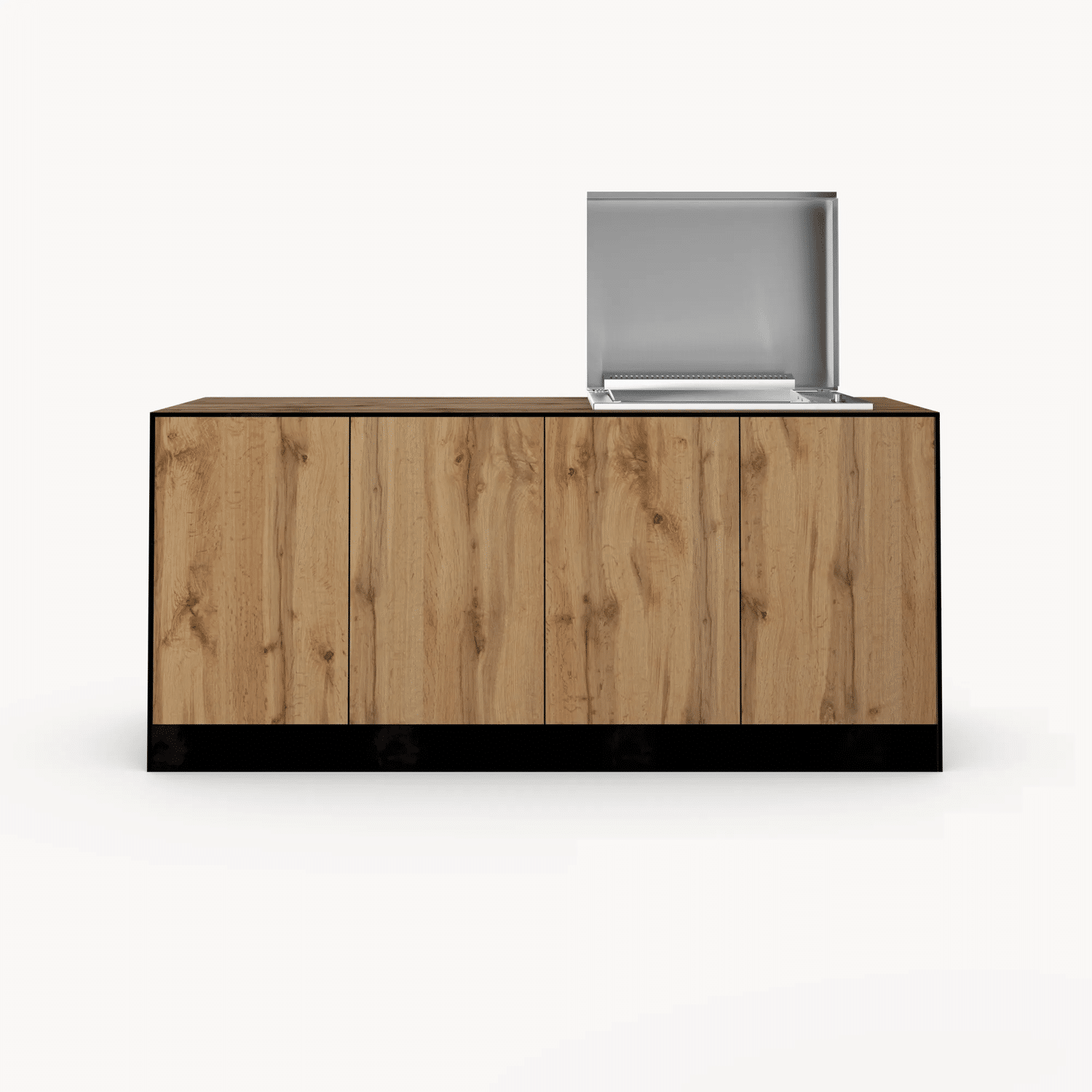 Bloc de cuisine moderne en bois avec un grill intégré en inox sur un plan de travail épuré.