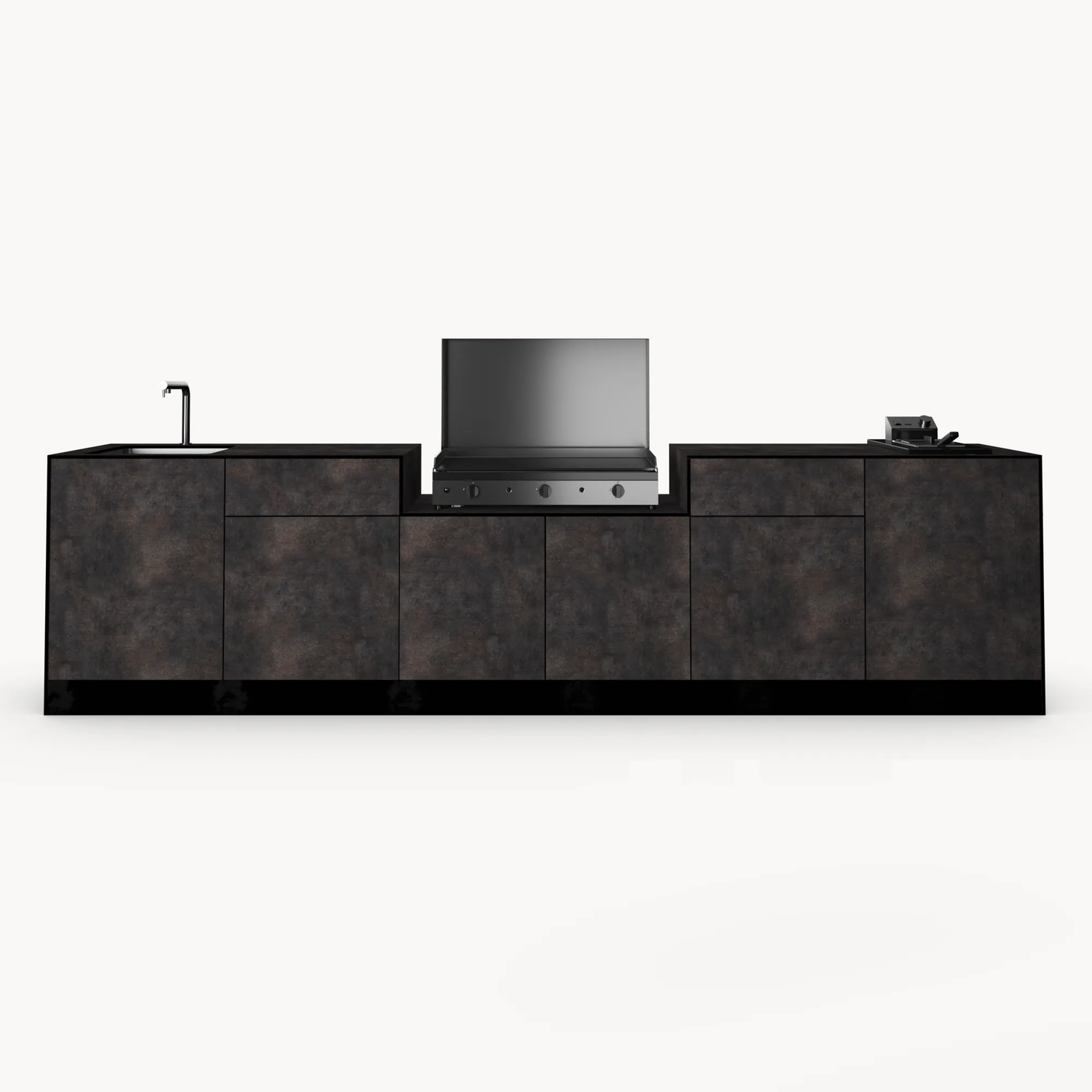 Cuisine extérieure moderne avec façade sombre texturée, comprenant un évier à gauche, un grand grill inox au centre et un second module de cuisson à droite.