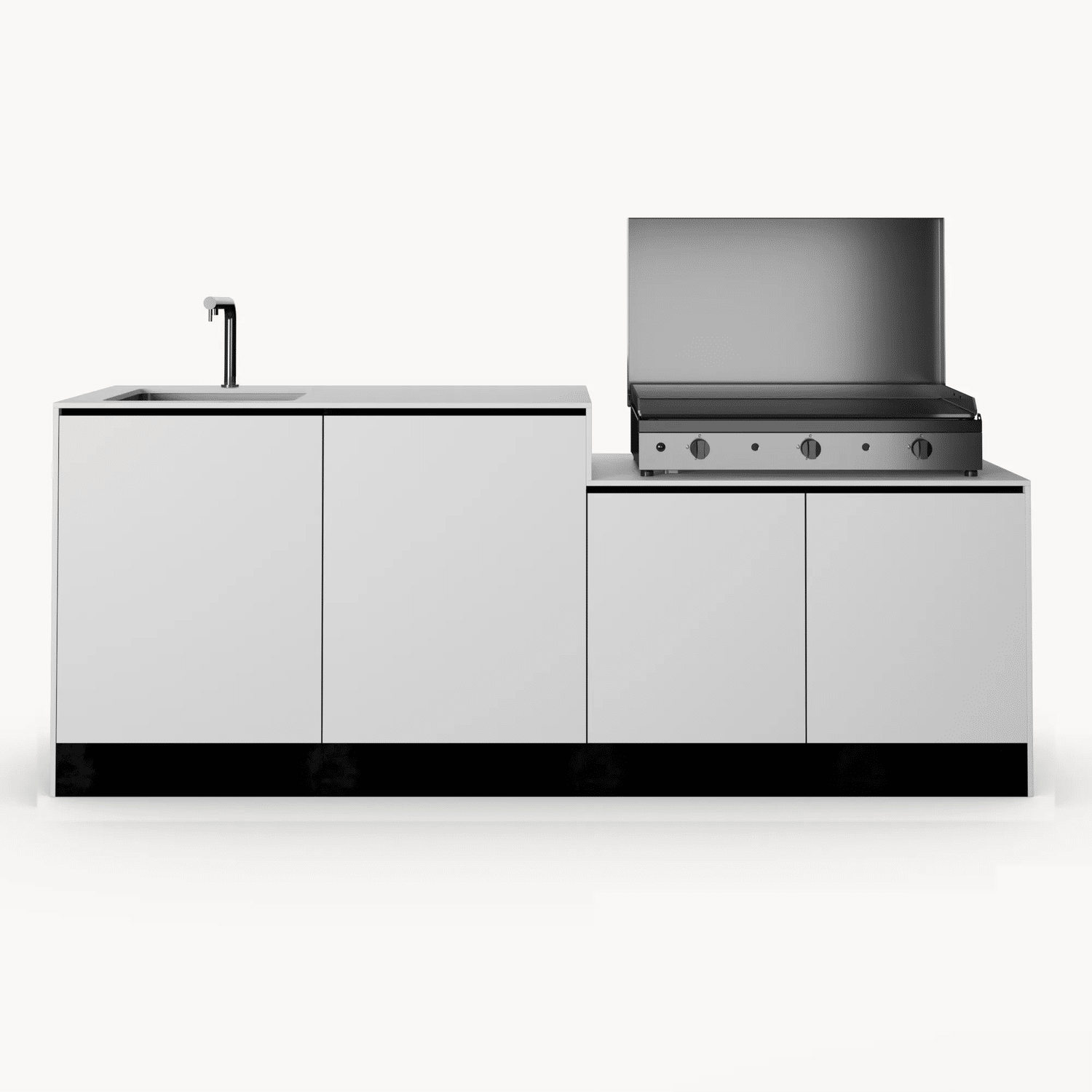 Cuisine extérieure minimaliste composée d’un évier et d’un grill en inox intégrés dans un meuble blanc aux lignes épurées